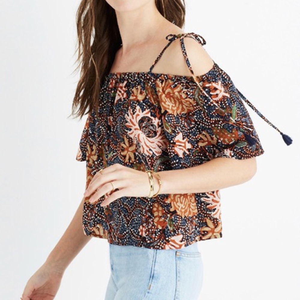 Madewell cold-shoulder silk top in sea floral